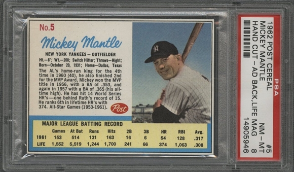 1962 Post Cereal #5 Mickey Mantle, Hand Cut - PSA NM-MT 8